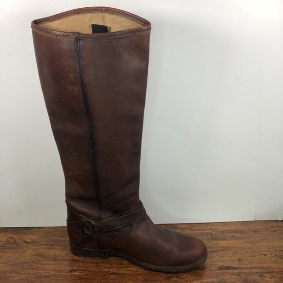 Frye Womens SZ 8B Distressed Harness Buckle Tall Brown Leather Riding Boots 16” - Picture 8 of 11